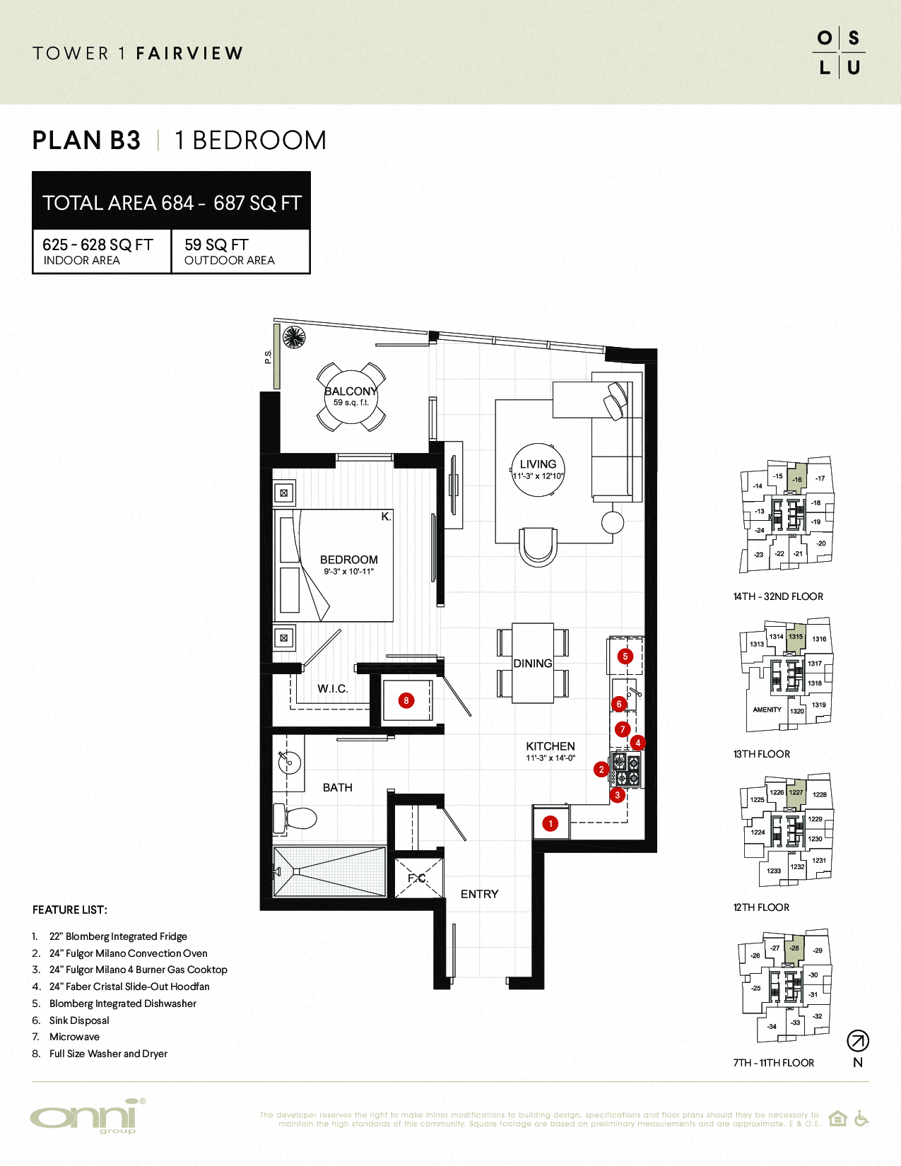 Floor plan for 1 bed, 1 bath, 628 sqft